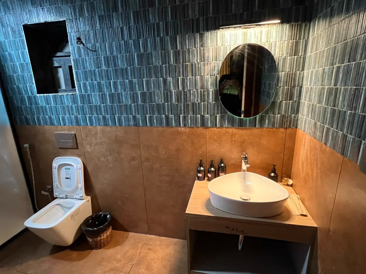 The Cocoon — the bathroom vanity and walk-in shower